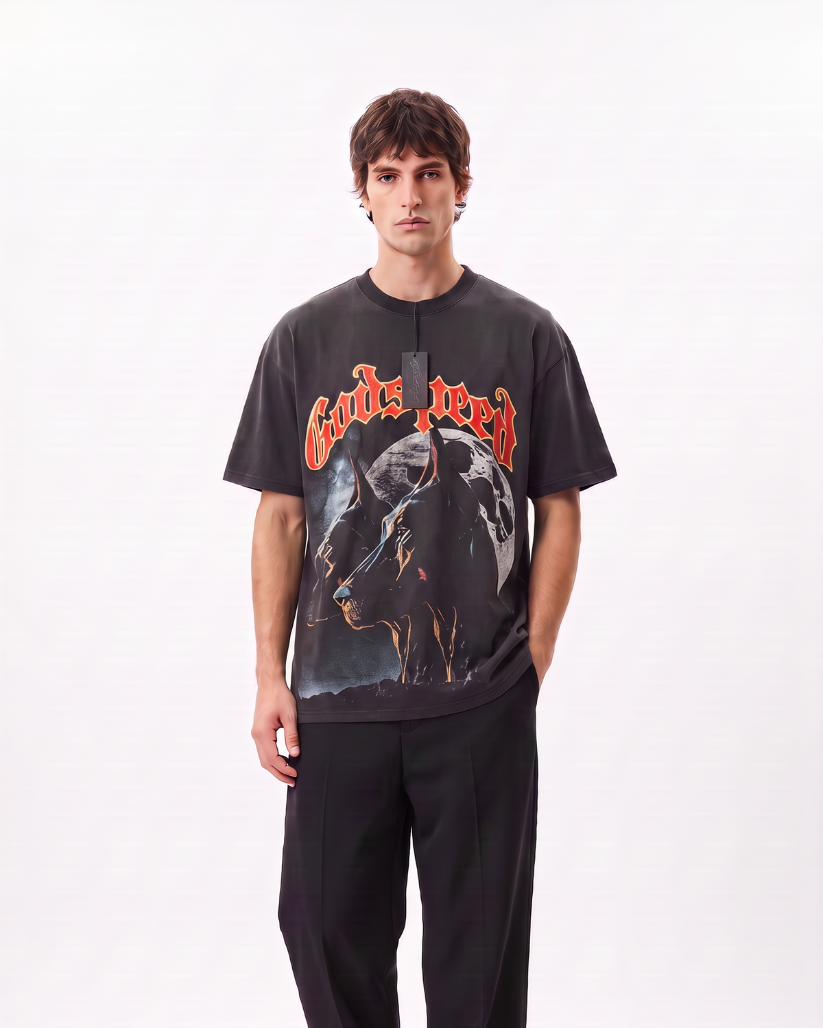 Godspeed Wolf Graphic Oversized T-Shirt – Washed Black