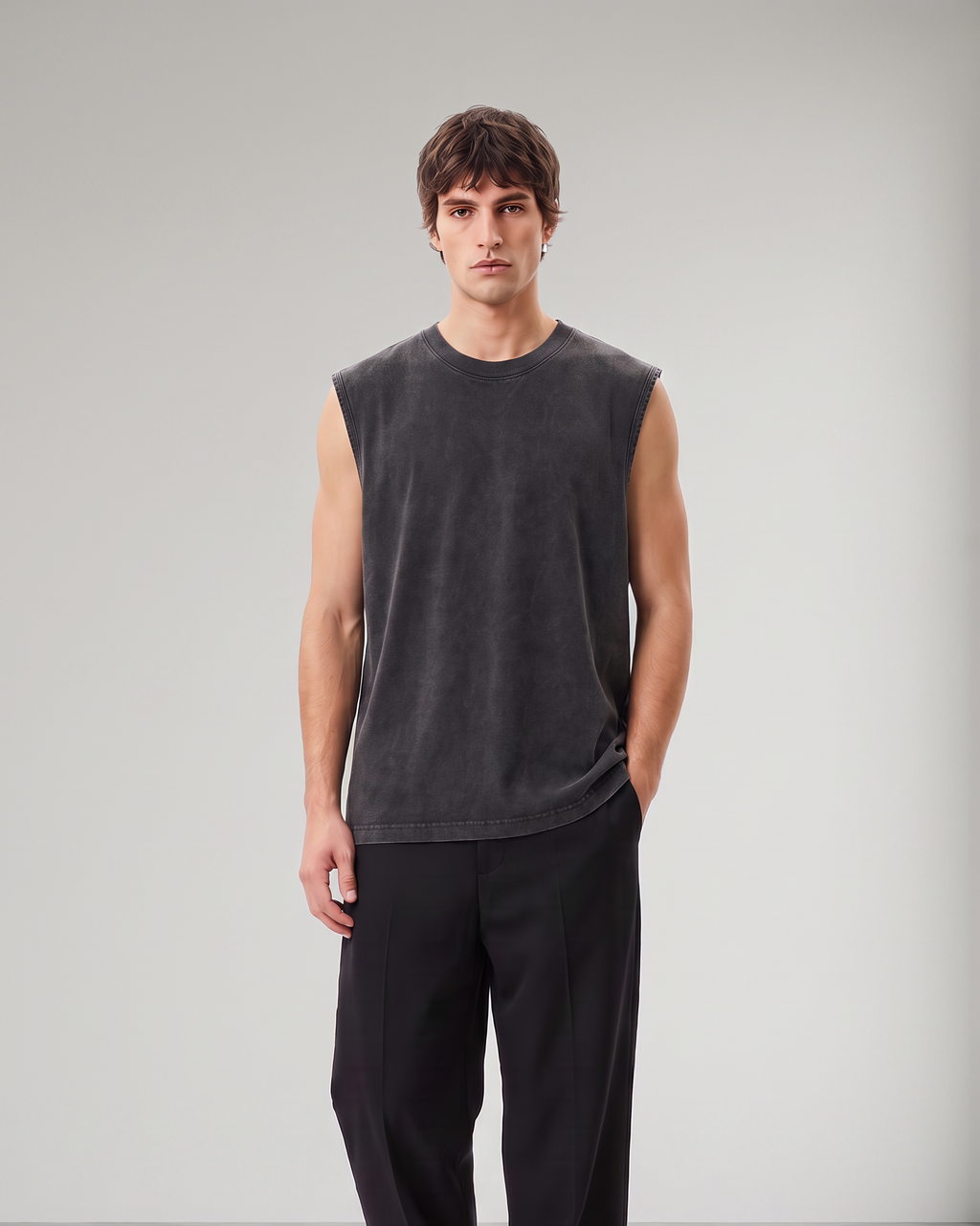 Premium Washed Sleeveless Tank – Charcoal Black | Heavyweight Cotton