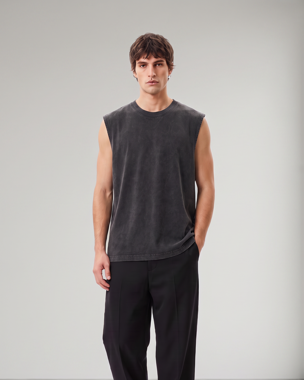 Premium Washed Sleeveless Tank – Charcoal Black | Heavyweight Cotton