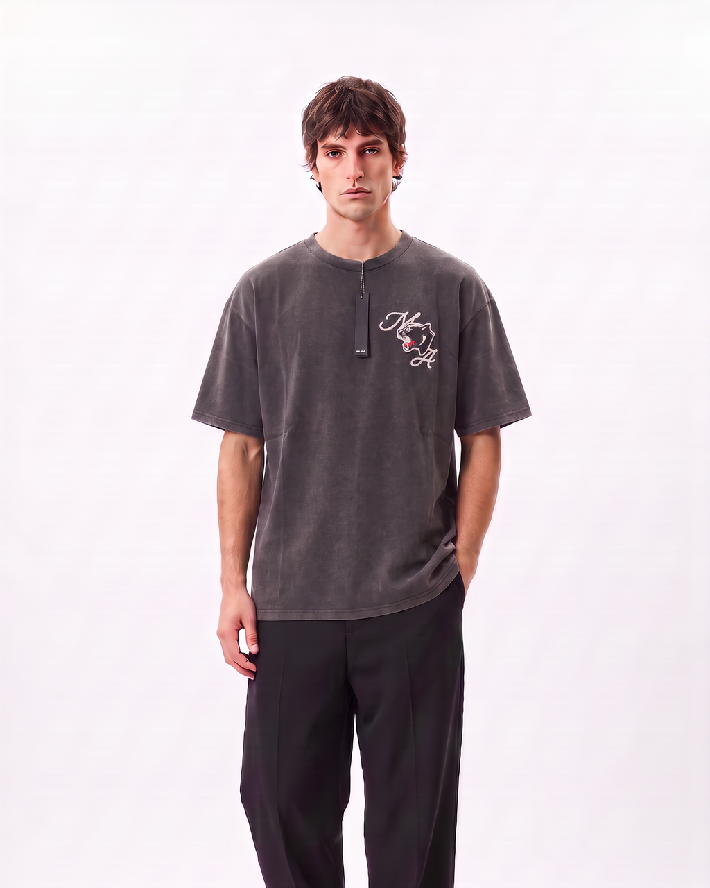 AMIRI District Panther Oversized T-Shirt – Washed Grey | Premium Heavyweight Cotton