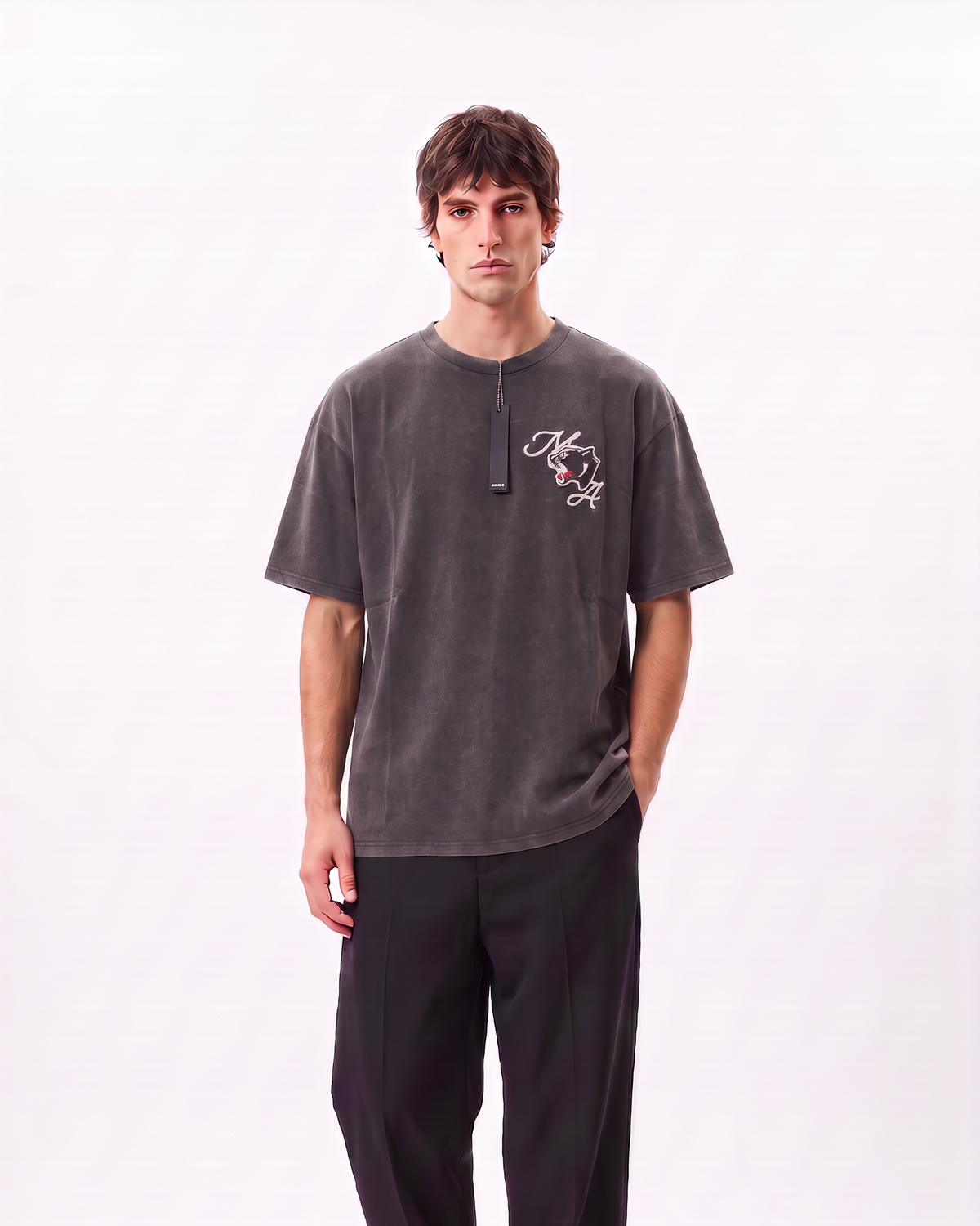 AMIRI District Panther Oversized T-Shirt – Washed Grey | Premium Heavyweight Cotton